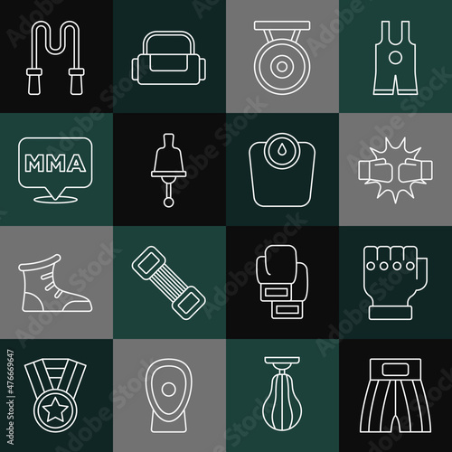 Set line Boxing short, MMA glove, Punch boxing gloves, Gong, Ringing bell, Fight club, Jump rope and Bathroom scales icon. Vector