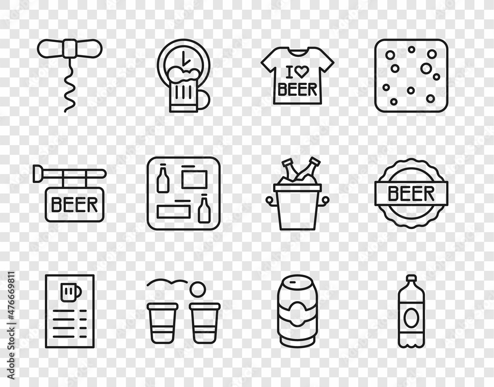 Set line Beer menu, Plastic beer bottle, T-shirt, pong game, Wine corkscrew, can and Bottle cap with icon. Vector Set line Beer menu, Plastic beer bottle, T-shirt, pong game, Wine corkscrew, can and Bottle cap with icon. Vector