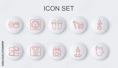 Set line Sauna mittens, slippers, Flip flops, Aroma candle, Toilet paper roll, thermometer, Bathrobe and Hot sauna stones icon. Vector