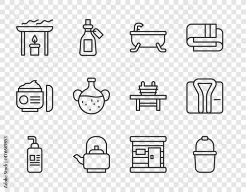 Set line Cream or lotion cosmetic tube, Sauna bucket, Bathtub, Kettle with handle, Aroma candle, Essential oil bottle, wooden bathhouse and Bathrobe icon. Vector