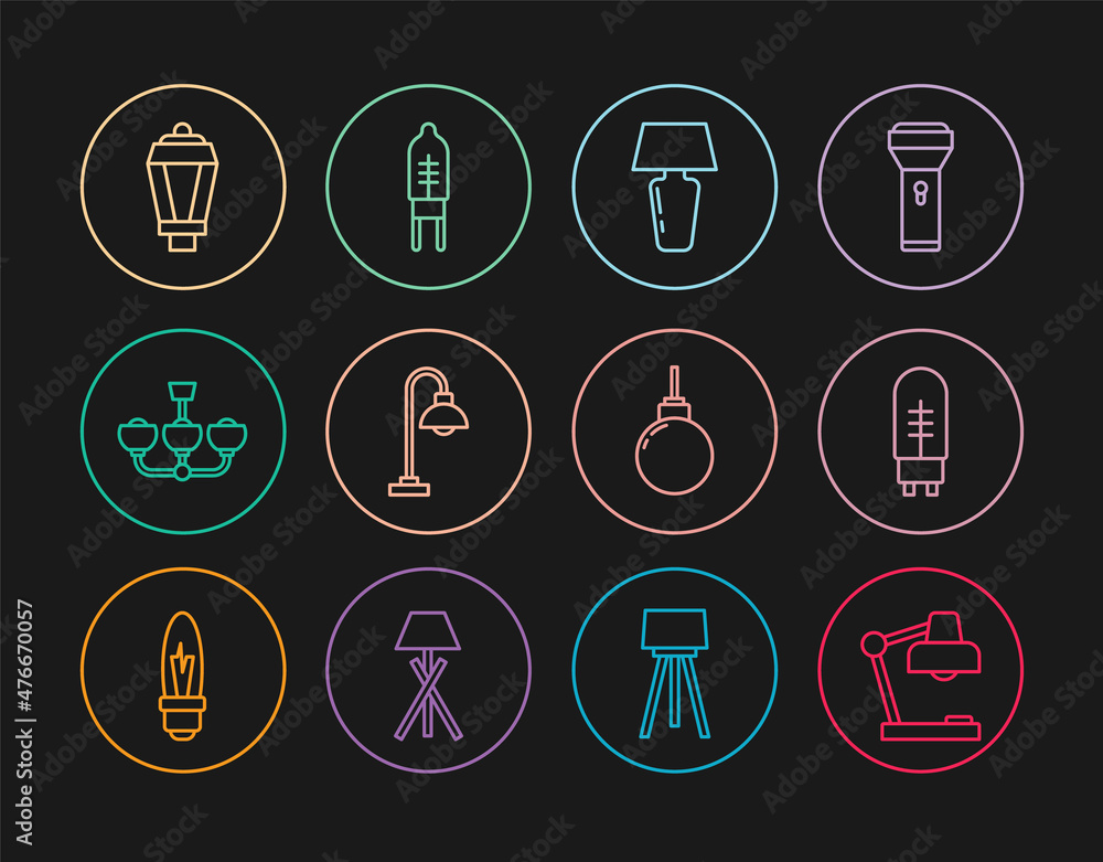 Set line Table lamp, Light emitting diode, Floor, Chandelier, Garden light, Lamp hanging and icon. Vector Set line Table lamp, Light emitting diode, Floor, Chandelier, Garden light, Lamp hanging and icon. Vector