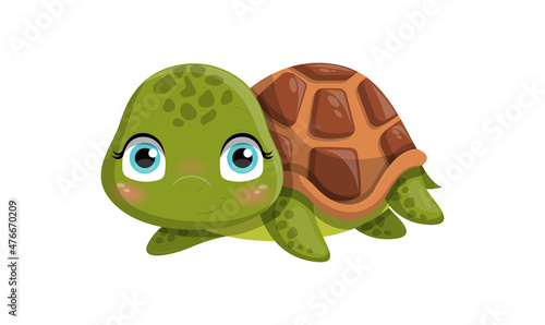 Cute turtle looking. Social media stickers and badges for childrens. Animal, wildlife, fauna and representatives of underwater world. Cartoon flat vector illustration isolated on white background