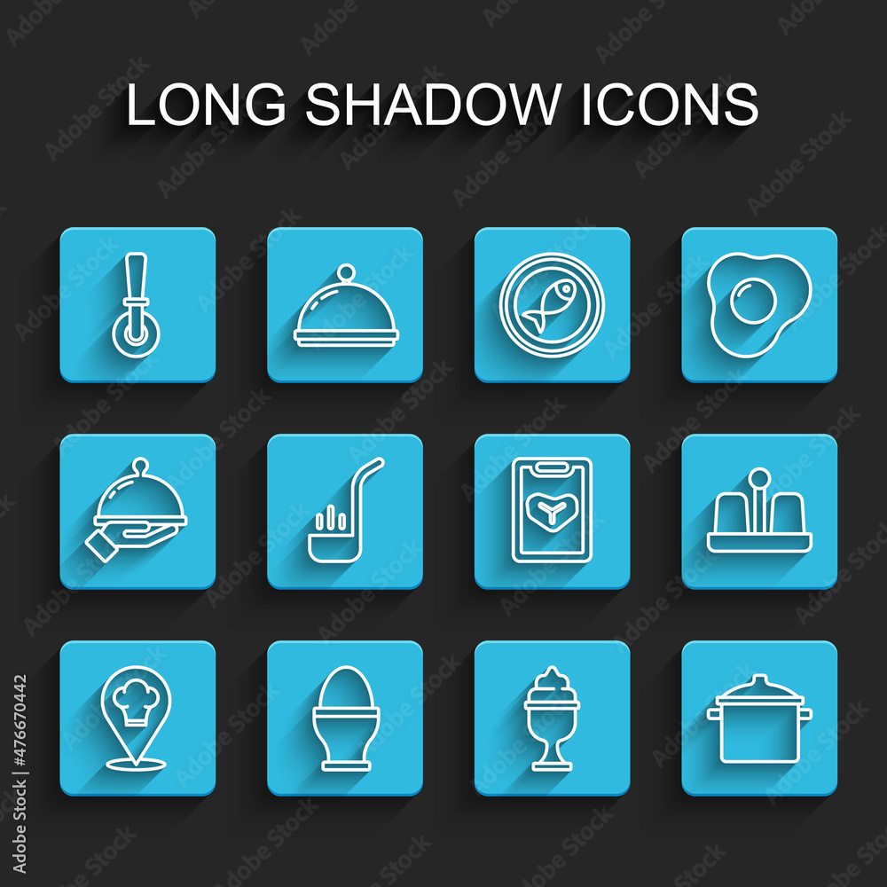 Set line Chef hat with location, Chicken egg stand, Pizza knife, Ice cream in bowl, Cooking pot, Kitchen ladle, Salt pepper and Restaurant cafe menu icon. Vector Set line Chef hat with location, Chicken egg stand, Pizza knife, Ice cream in bowl, Cooking pot, Kitchen ladle, Salt pepper and Restaurant cafe menu icon. Vector
