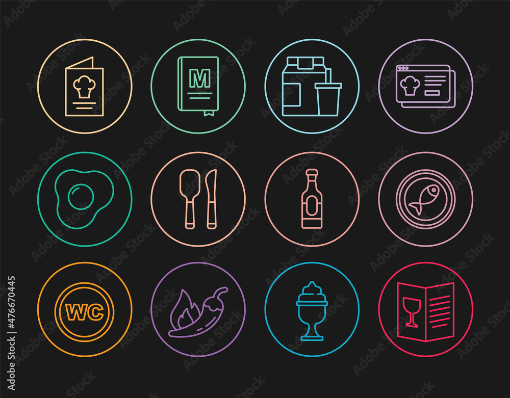 Set line Restaurant cafe menu, Served fish on plate, Online ordering and delivery, Knife spoon, Scrambled eggs, Cookbook, Wine bottle and icon. Vector Set line Restaurant cafe menu, Served fish on plate, Online ordering and delivery, Knife spoon, Scrambled eggs, Cookbook, Wine bottle and icon. Vector