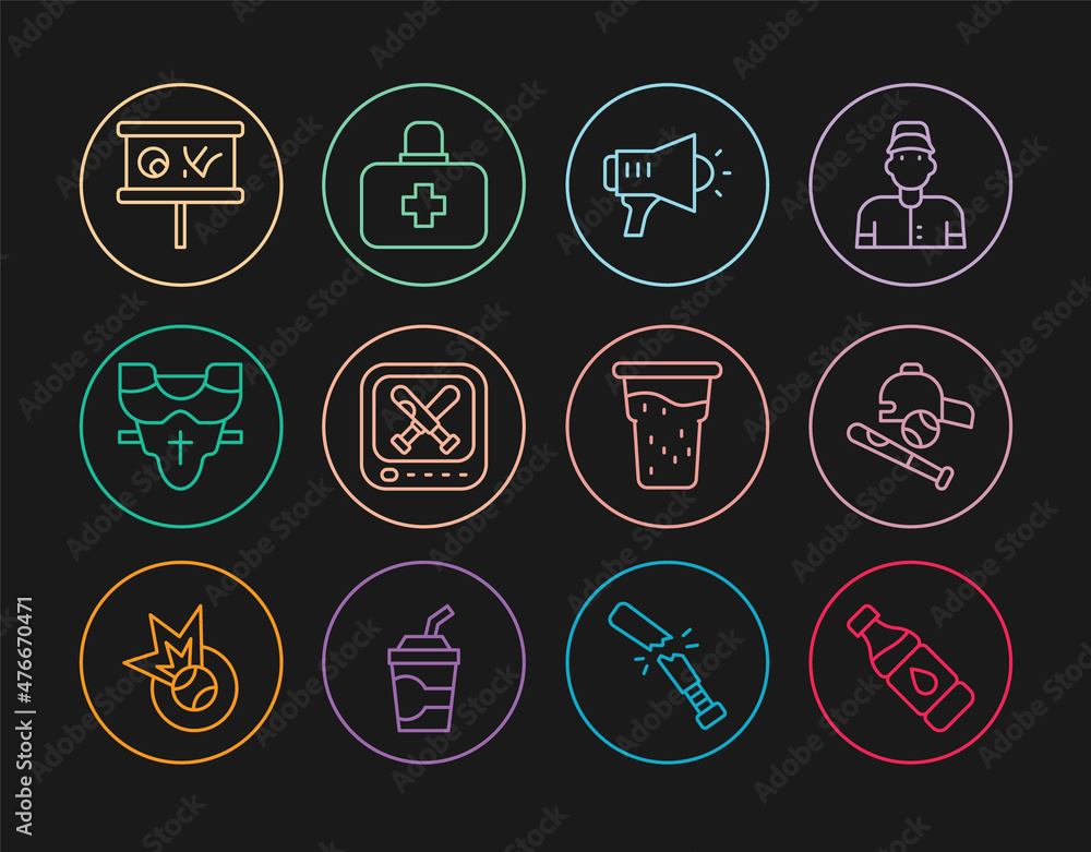 Set line Bottle of water, Baseball bat with ball, hat, Megaphone, Monitor baseball game, Player chest protector, Planning strategy, Glass beer and First aid kit icon. Vector Set line Bottle of water, Baseball bat with ball, hat, Megaphone, Monitor baseball game, Player chest protector, Planning strategy, Glass beer and First aid kit icon. Vector