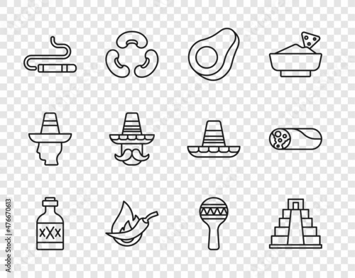 Set line Tequila bottle, Chichen Itza in Mayan, Avocado fruit, Hot chili pepper pod, Cigar, Mexican man sombrero, Maracas and Burrito icon. Vector