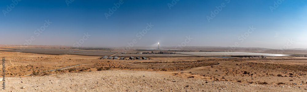 Panorama of Ashalim Power Station. Power station Aschalim. The solar power station is built in the Negev desert south of the city of Beer-Sheva, Israel
