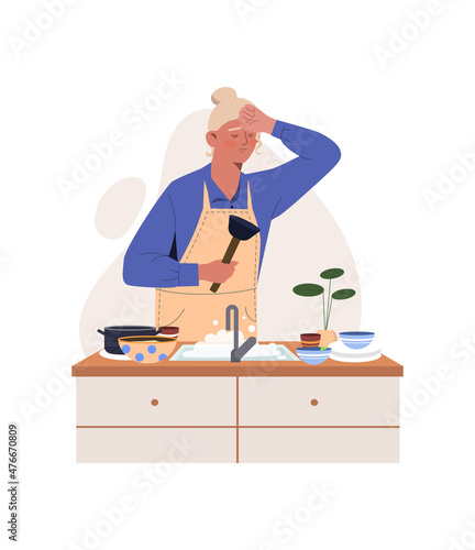 Concept of dishwashing. Grandmother was tired of household chores. Routine and cuisine, room. Character cleans up after himself after getting ready, cleanliness. Cartoon flat vector illustration
