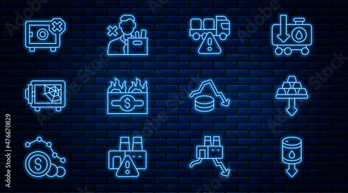 Set line Drop in crude oil price, Gold bars, Stop delivery cargo truck, Burning dollar bill, Safe, Dollar rate decrease and Employee dismissal icon. Vector