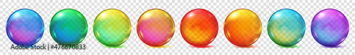 Set of translucent colored spheres with glares and shadows on transparent background. Transparency only in vector format