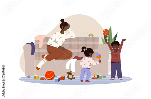 Parental burnout concept. Woman sits and holds her head next to her children. Motherhood and parenting. Modern interior, active boy and girl, noise, headache. Cartoon flat vector illustration