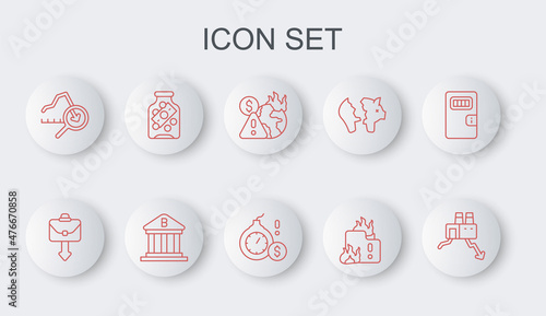 Set line Shutdown of factory, Briefcase, Global economic crisis, Fire in burning house, Glass money jar with coin, Bank building and Money bomb dollar icon. Vector