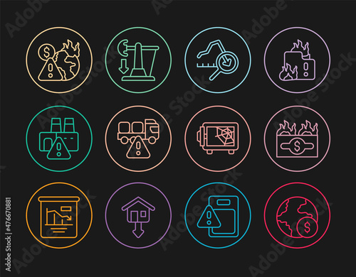 Set line Global economic crisis, Burning dollar bill, Stop delivery cargo truck, Shutdown of factory, Safe and Drop crude oil price icon. Vector