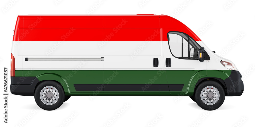 Hungarian flag painted on commercial delivery van. Freight delivery in Hungary, concept. 3D rendering