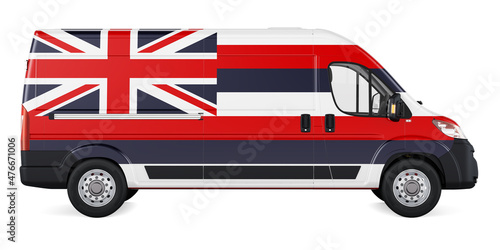 Hawaiian flag painted on commercial delivery van. Freight delivery in Hawaii  concept. 3D rendering