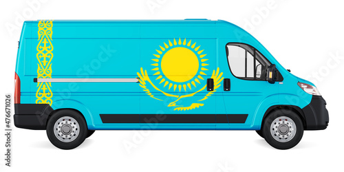 Kazakh flag painted on commercial delivery van. Freight delivery in Kazakhstan, concept. 3D rendering