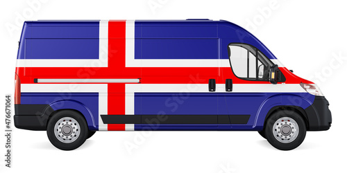 Icelandic flag painted on commercial delivery van. Freight delivery in Iceland, concept. 3D rendering