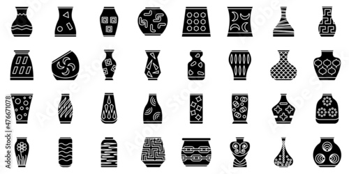 Clay vase, ceramic amphora, urn of different shapes and designs. Vase with decor for a modern fashionable interior. Set of vector icons, glyph, isolated