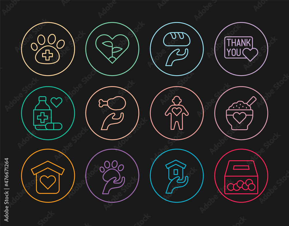 Set line Donation and charity, food, Medicine bottle pills, Veterinary clinic, Volunteer and Leaf heart icon. Vector Set line Donation and charity, food, Medicine bottle pills, Veterinary clinic, Volunteer and Leaf heart icon. Vector