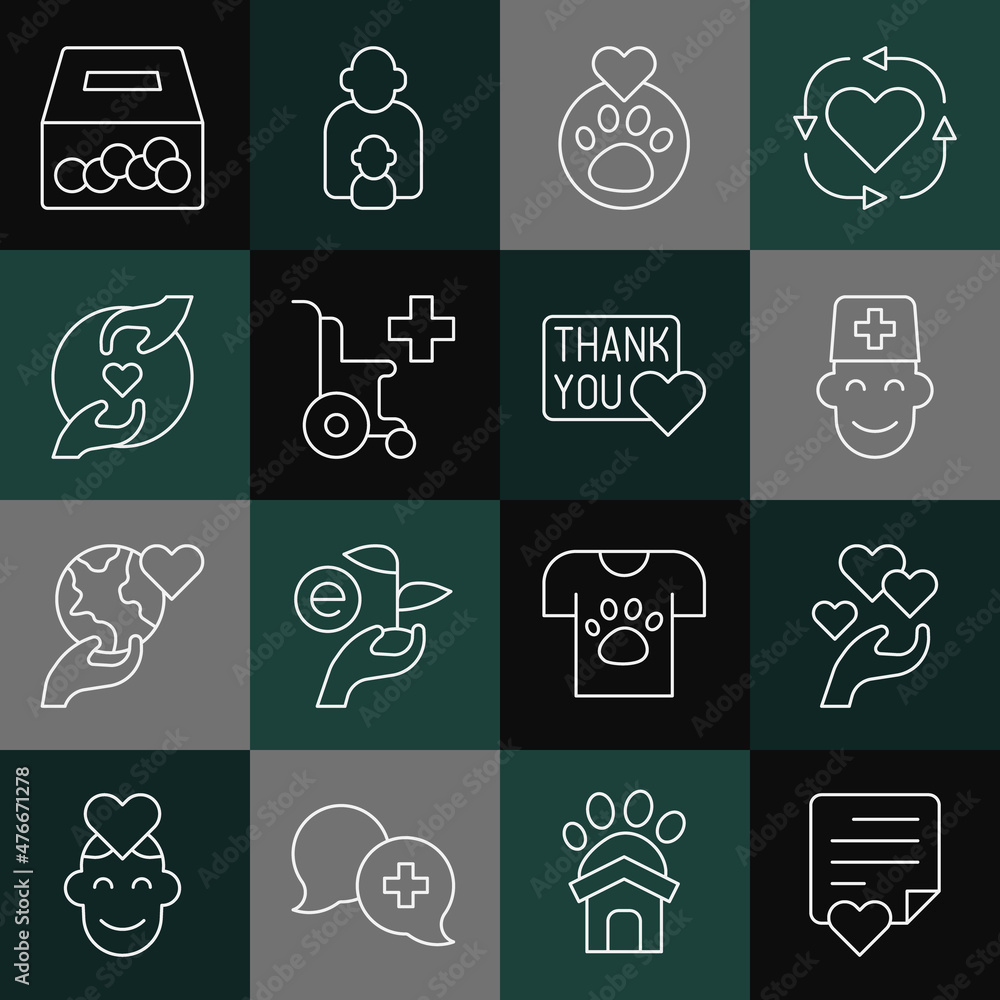 Set line Envelope with heart, Heart in hand, Male doctor, animals footprint, Wheelchair for disabled person, Pleasant relationship, Donation charity and Thank you icon. Vector Set line Envelope with heart, Heart in hand, Male doctor, animals footprint, Wheelchair for disabled person, Pleasant relationship, Donation charity and Thank you icon. Vector