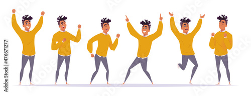 Set of different joyful poses and gestures of a young African American guy who is happy, has fun, dances, bouncing