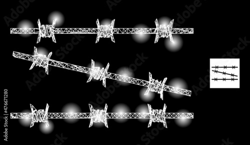 Constellation crossing mesh barbed wire fence icon with magic spots. Illuminated constellation generated using barbed wire fence vector icon and crossing lines. Illuminated carcass barbed wire fence,