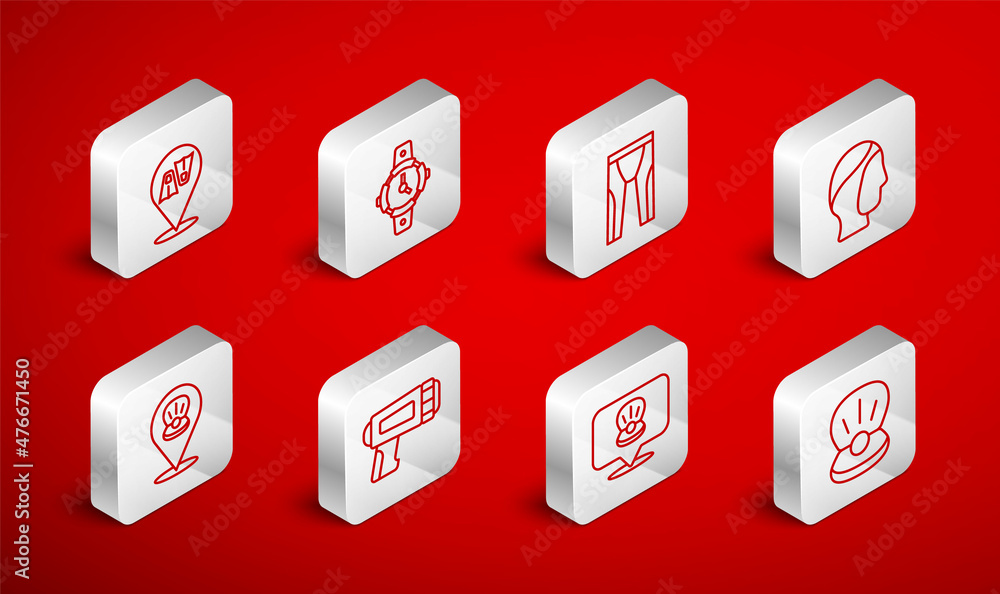 Set line Pearl, Diving watch, Wetsuit for scuba diving, hood, Scallop sea shell, Flippers swimming, Flashlight diver and icon. Vector Set line Pearl, Diving watch, Wetsuit for scuba diving, hood, Scallop sea shell, Flippers swimming, Flashlight diver and icon. Vector