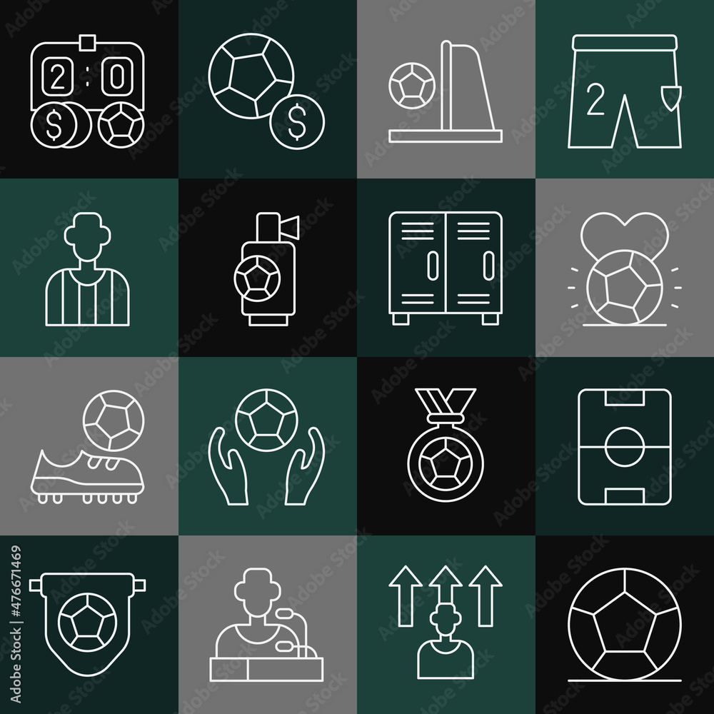 Set line Soccer football ball, Football field, goal with, Air horn, soccer referee, betting money and Locker changing room icon. Vector Set line Soccer football ball, Football field, goal with, Air horn, soccer referee, betting money and Locker changing room icon. Vector