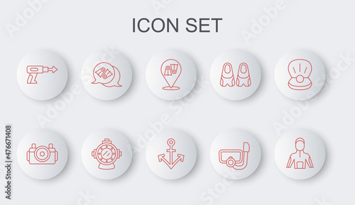 Set line Wetsuit for scuba diving, Photo camera diver, Flippers swimming, Diving mask with snorkel, Fishing harpoon, Aqualung and Anchor icon. Vector