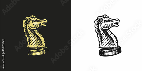 Chess piece in vintage style. Knight wireframe. Hand drawn engraved old sketch.