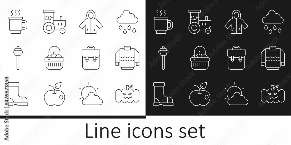Set line Pumpkin, Sweater, Raincoat, Basket and food, Honey dipper stick, Cup of tea, School backpack and Tractor icon. Vector