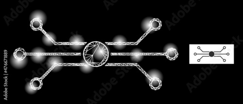 Constellation net mesh chip connections icon with glowing light spots. Illuminated constellation is generated using chip connections vector icon and crossed lines. Glowing carcass chip connections,
