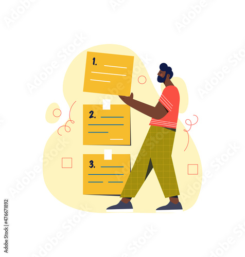 To do arrange. Man analyzes folders. Employee searches archive for valuable information. Analytical department and work with statistics. Dossier, modern technologies. Cartoon flat vector illustration