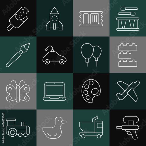Set line Water gun, Toy plane, building block bricks, Circus ticket, Radio controlled car toy, Paint brush, Ice cream and Balloons icon. Vector