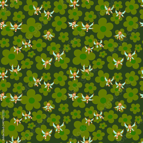 Vector seamless pattern. Ornament with insects and flowers. Design print for textile, fabric, wallpaper, background.