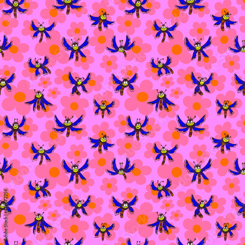 Vector seamless pattern. Ornament with insects and flowers. Design print for textile, fabric, wallpaper, background.