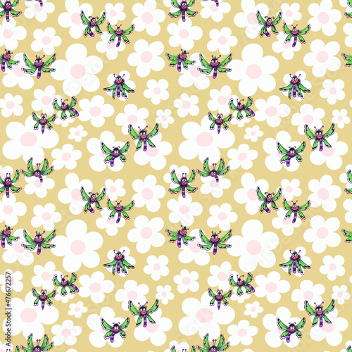 Vector seamless pattern. Ornament with insects and flowers. Design print for textile, fabric, wallpaper, background.