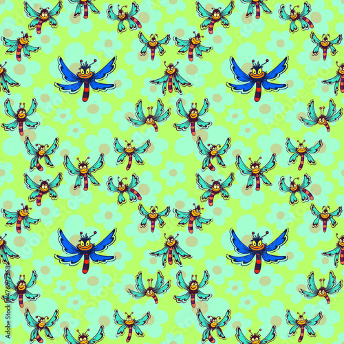 Vector seamless pattern. Ornament with insects and flowers. Design print for textile, fabric, wallpaper, background.