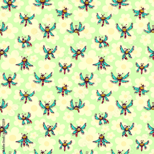 Vector seamless pattern. Ornament with insects and flowers. Design print for textile, fabric, wallpaper, background.