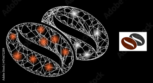 Constellation crossing mesh coffee seeds icon with bright light spots. Illuminated constellation done using coffee seeds vector icon and intersected lines. Constellation carcass coffee seeds,