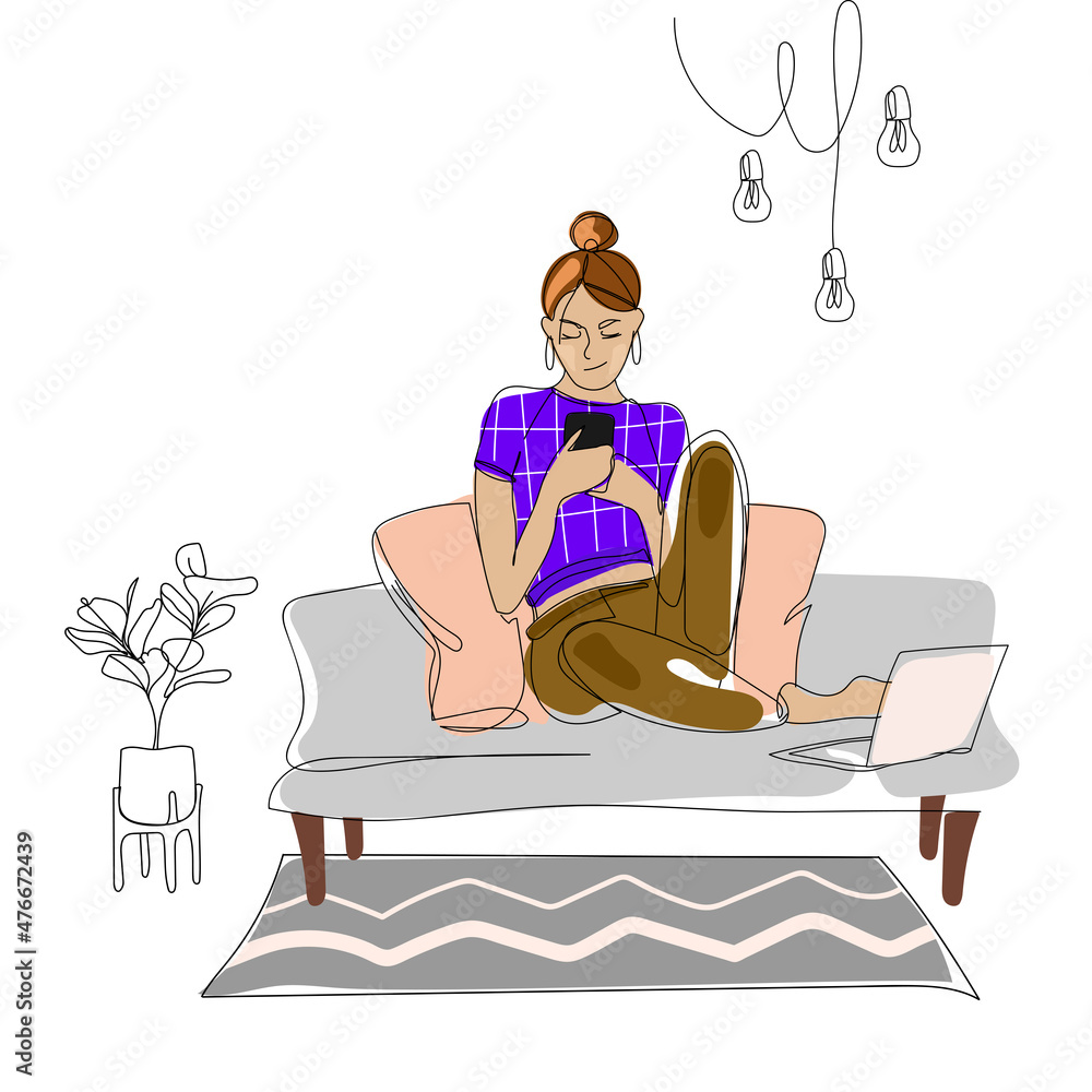 Happy young woman sitting on sofa with smartphone and laptop chatting on social networks and receiving messages or mail.Modern girl using smartphone at home.Vectone outline sketch illustration