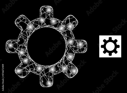 Constellation mesh net cog icon with bright spots. Illuminated constellation done using cog vector icon and crossed lines. Bright carcass cog, on a black background.