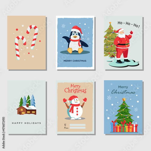 Christmas gift cards or tags with lettering with flat characters illustration
