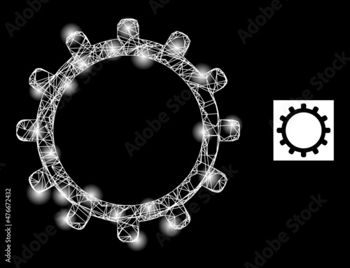 Constellation mesh net cog icon with illuminated spots. Illuminated constellation is created from cog vector icon and crossed lines. Illuminated carcass cog, on a black background.