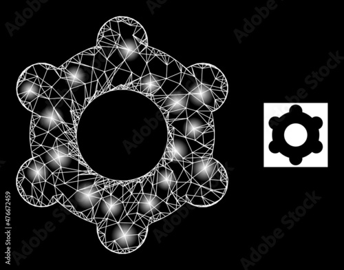 Glare network cogwheel icon with illuminated spots. Illuminated model is created from cogwheel vector icon and crossed lines. Glowing carcass cogwheel, on a black background.