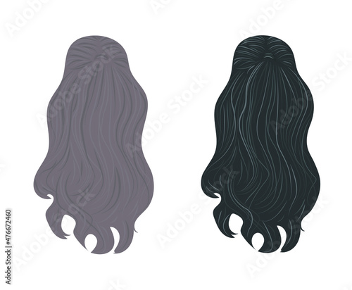 women model hairstyle vector. Beautiful female brown, black long wavy hair. Salon hair style.