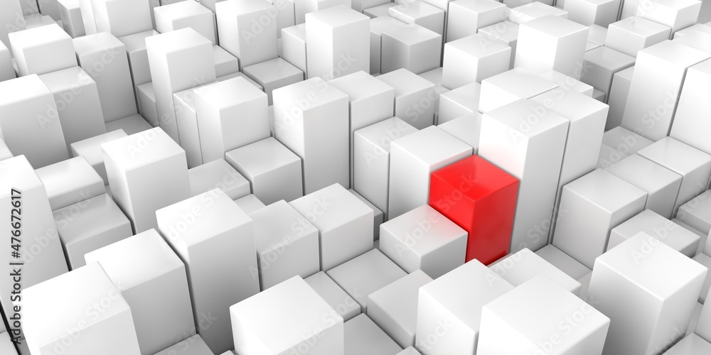 Abstract background of many white and one red cube. Geometric concept. 3D visualization Abstract background of many white and one red cube. Geometric concept. 3D visualization