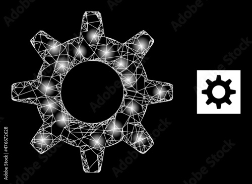 Constellation network cogwheel icon with illuminated light spots. Illuminated model done using cogwheel vector icon and intersected lines. Constellation carcass cogwheel, on a black background.