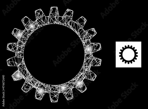 Glare net cogwheel icon with illuminated light spots. Illuminated model is done from cogwheel vector icon and intersected lines. Illuminated carcass cogwheel, on a black background.