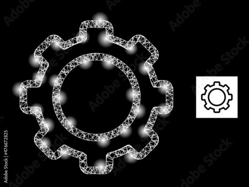 Constellation crossing mesh contour gear icon with majestic spots. Illuminated constellation is created from contour gear vector icon and crossed lines. Flare carcass contour gear,